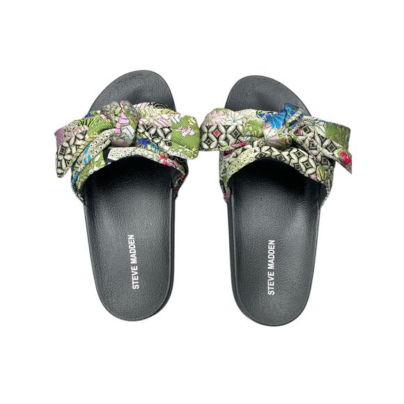 Steve Madden Silky Metallic Multi Color Oriental Pattern Bow Slides Sandals Sz 8 - Picture 1 of 8